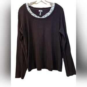 AOA Y2K 90's Long Sleeve Brown Top Lace Neck Size XL